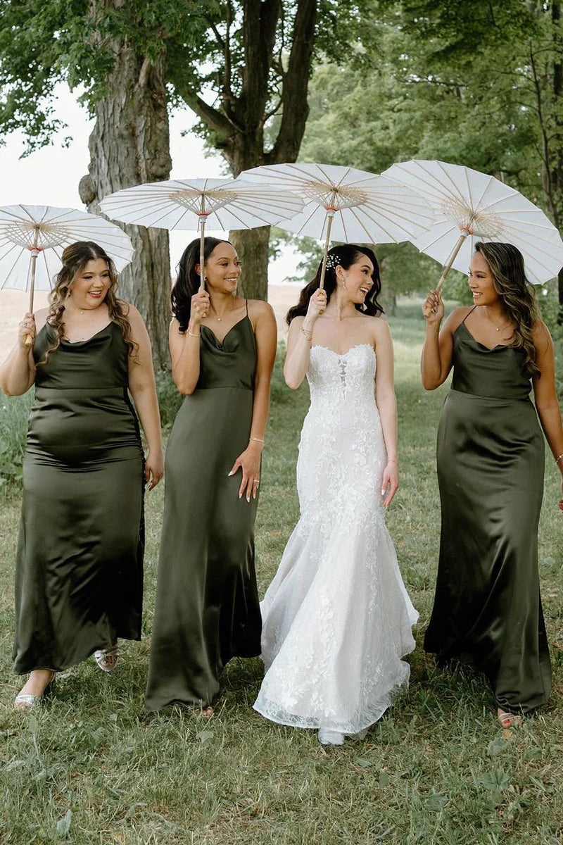 Lowest Price Hunter Green Silk Satin Cowl Neck Bridesmaid Dresses
