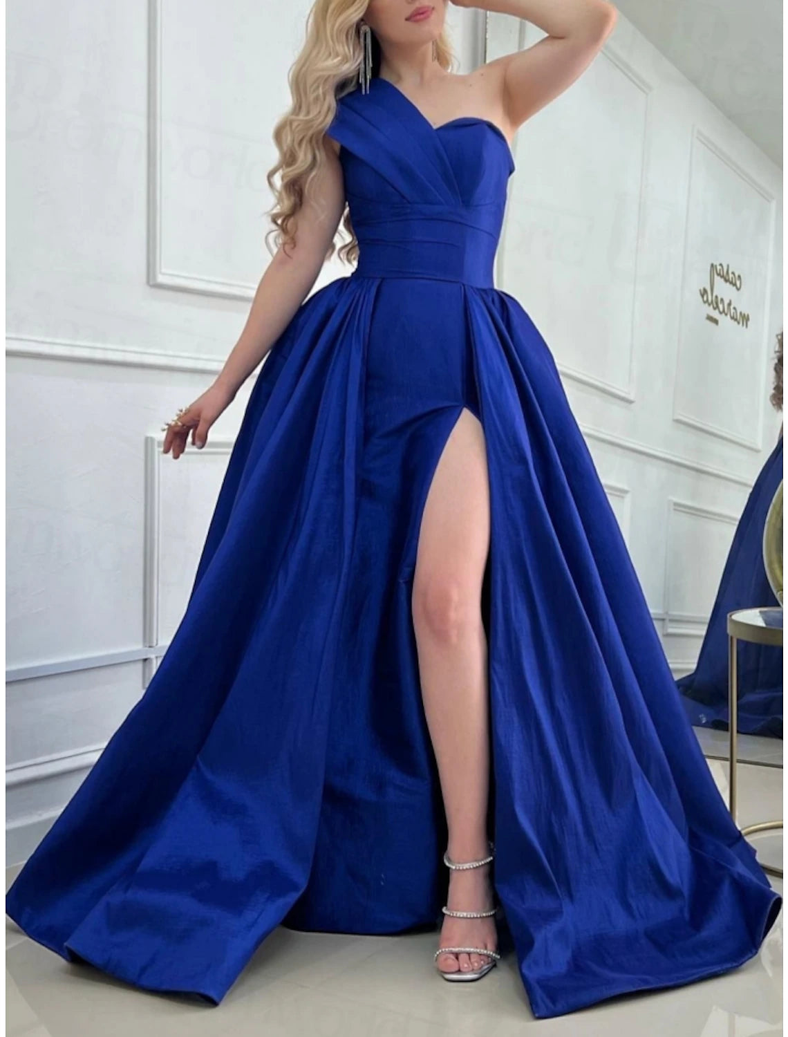Act Fast A-Line Prom Dresses Elegant Dress Formal Sweep / Brush Train Sleeveless One Shoulder Satin with Pleats Slit Act Fast A-Line Prom Dresses Elegant Dress Formal Sweep / Brush Train Sleeveless One Shoulder Satin with Pleats Slit