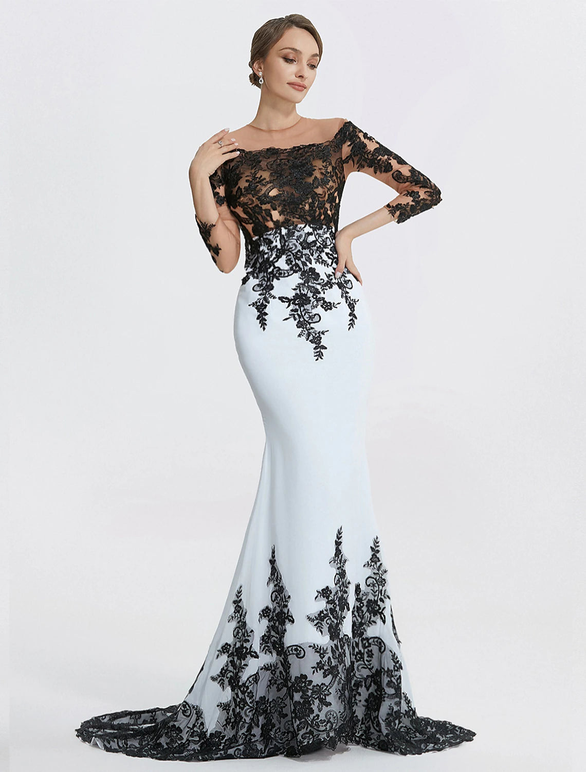 Can't Miss Mermaid Evening Gown Elegant Black Dress Masquerade Black Tie Colorblock Sweep / Brush Train Long Sleeve Jewel Neck Chiffon with Appliques