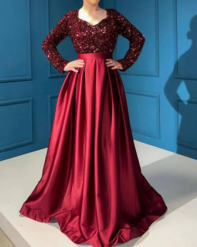 Weekend Deal Modest Burgundy Satin V-neck Dress With Sequin Sleeves Prom Dresses