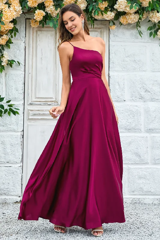 TIME-Limited Offer Wine red A-line shoulder to floor length satin bridesmaid dress