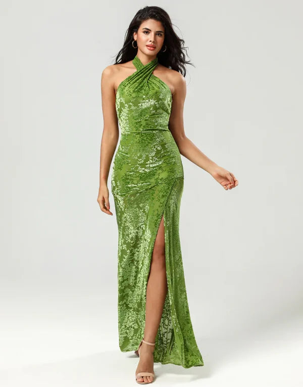Price Drop Bridesmaid Dress Mermaid Halter Neck Olive Velvet Long