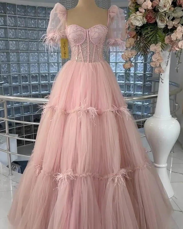 Unmissable Offer Pink Tiered Tulle Ball Gown Puffy Sleeves Dress A-Line Princess Prom Dresses Unmissable Offer Pink Tiered Tulle Ball Gown Puffy Sleeves Dress A-Line Princess Prom Dresses