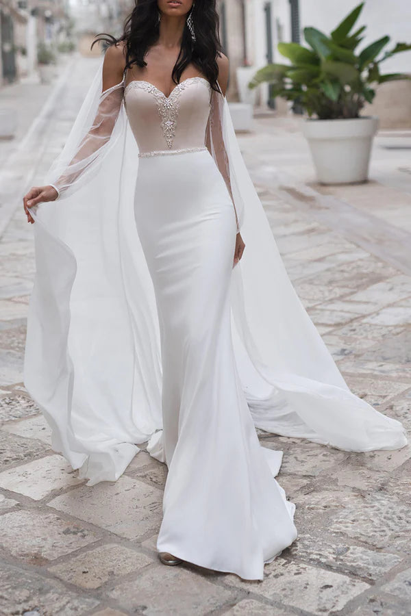 Stock Clearance Fish tail wedding dress, sweet pearl bohemian style wedding dress with detachable shawl strap Stock Clearance Fish tail wedding dress, sweet pearl bohemian style wedding dress with detachable shawl strap