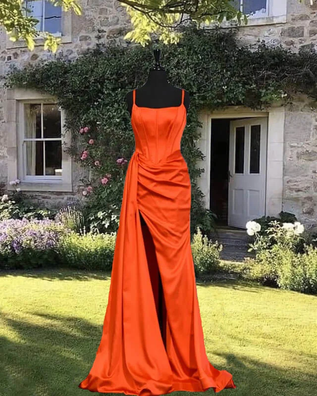 Epic Deals Mermaid Spaghetti Strap Orange Satin Split Dress Prom Dresses