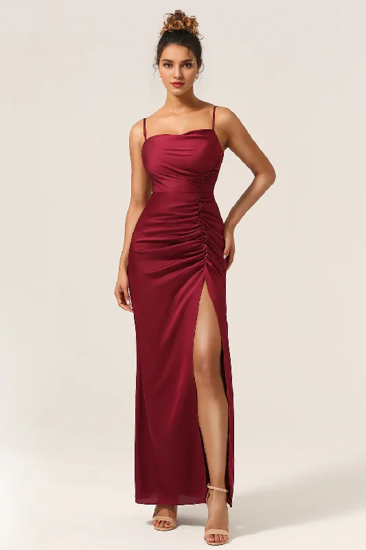 New Arrival Tight fitting thin shoulder strap wine red front slit long bridesmaid dress New Arrival Tight fitting thin shoulder strap wine red front slit long bridesmaid dress