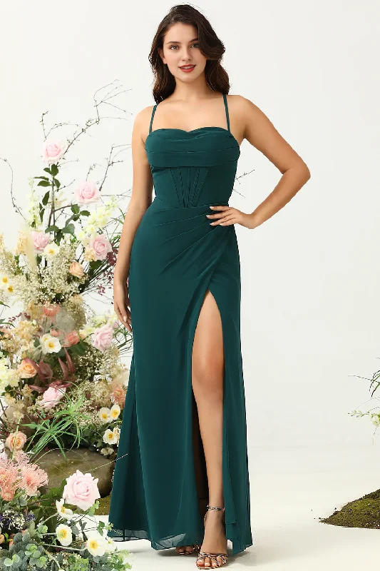 Great Deals A Line thin shoulder strap backless chiffon bridesmaid dress