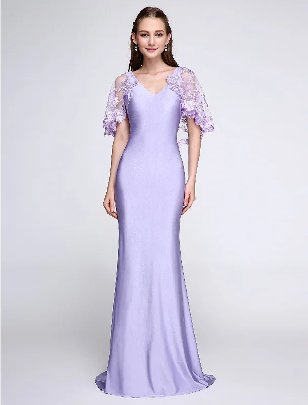Special Promotion Mermaid / Trumpet Bridesmaid Dress V Neck Sleeveless Wrap Included Sweep / Brush Train Jersey with Lace