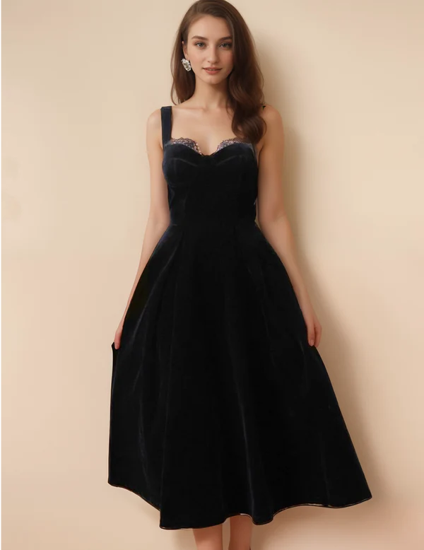 Weekend Deal Spaghetti-straps Sweetheart Tea length lace ball gown Velvet Dress