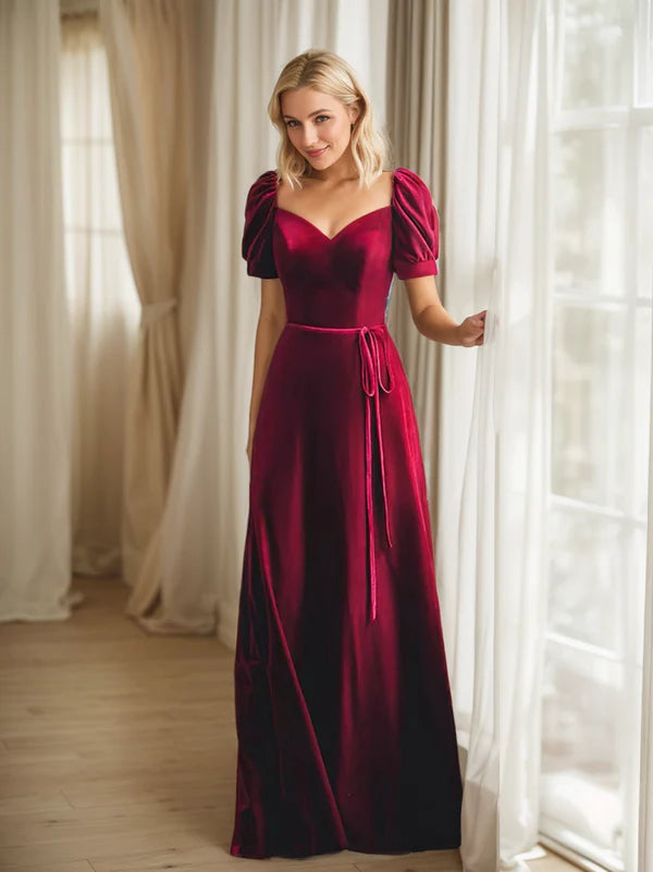 Overstock Puffed short sleeves sweetheart neckline long velvet prom dress