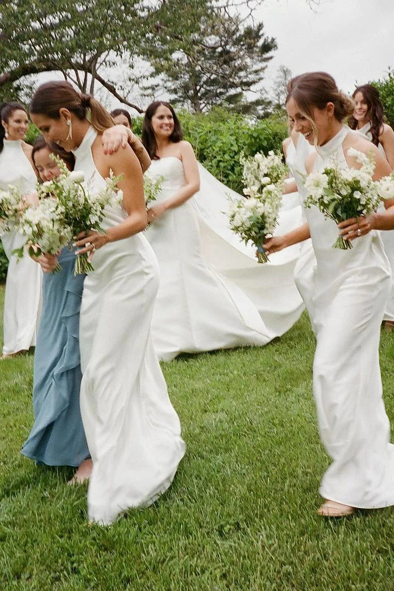 Price Blitz Sheath Halter White Silk Satin Long Bridesmaid Dresses