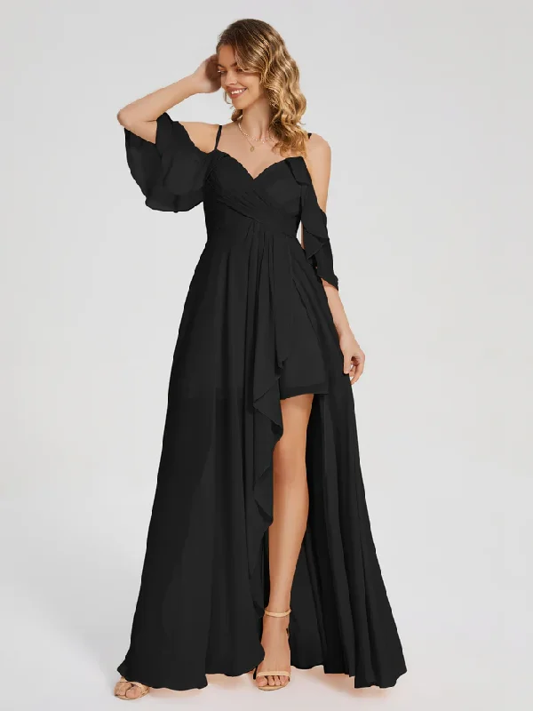 Online Only Asymmetrical Off the Shoulder Ruffles Chiffon Bridesmaid Dress
