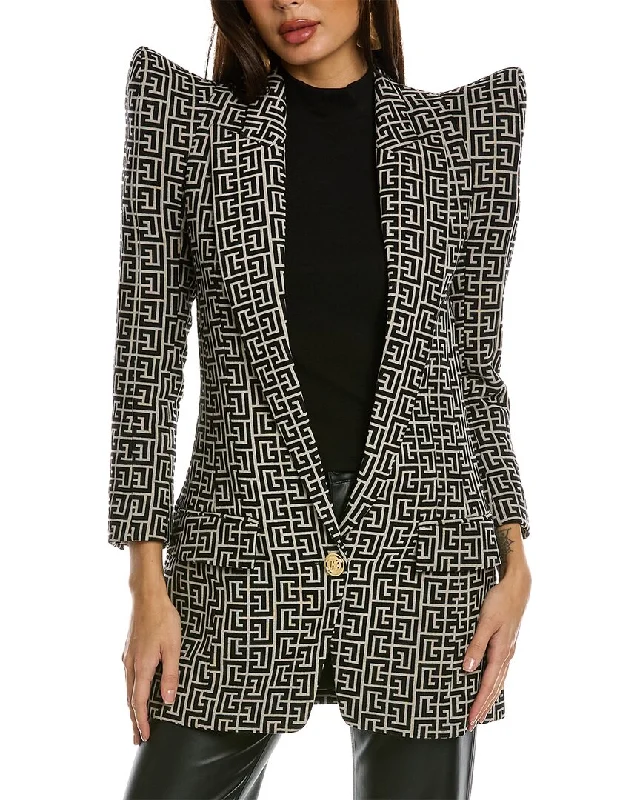 New Markdowns Balmain 1-Button Shoulder Pad Monogram Wool Jacket