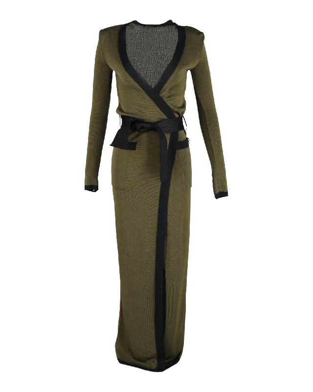 Don't Wait Balmain Open-Front Belted Maxi Cardigan in Green Wool