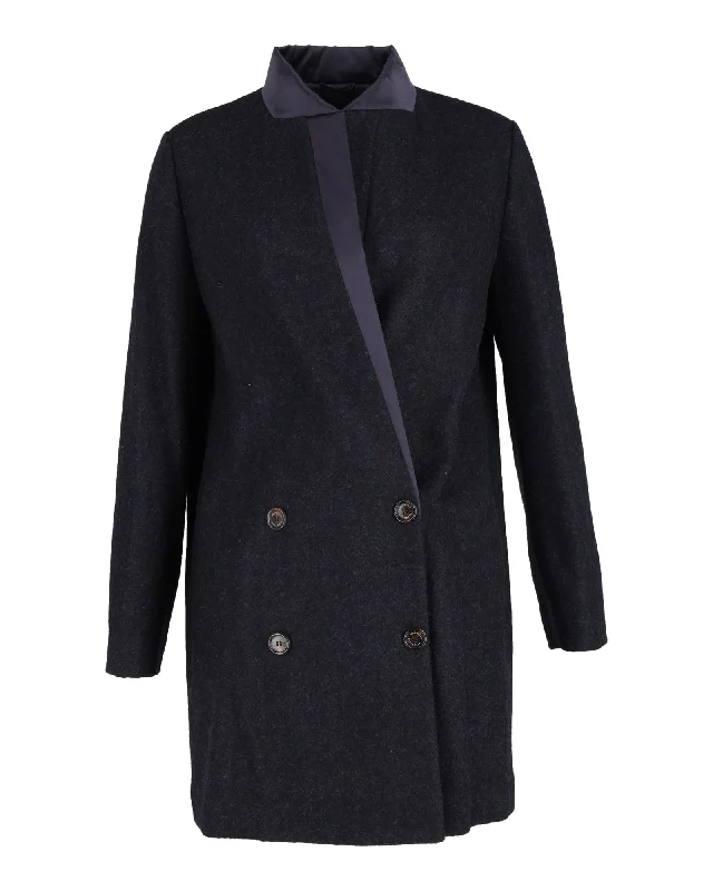 Clearance Event Brunello Cucinelli Double-Breasted Coat with Satin Collar in Navy Blue Wool