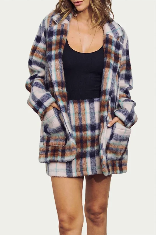 Extra Discounts Brushed Checked Single-Breasted Blazer Jacket In Navy Multi