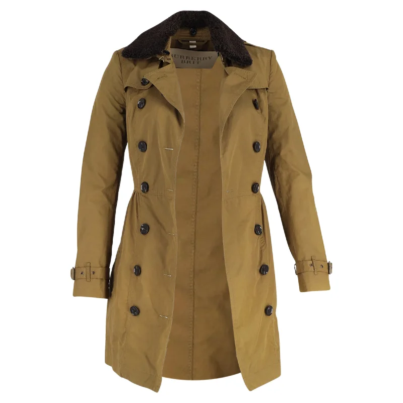 Crazy Deals Burberry Brit Long Shearling Collar Trench Coat in Olive Cotton