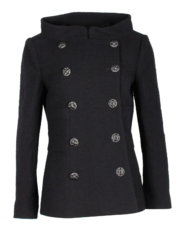 Online Exclusive Chanel Double-Breasted Boat Neck Coat in Black Wool