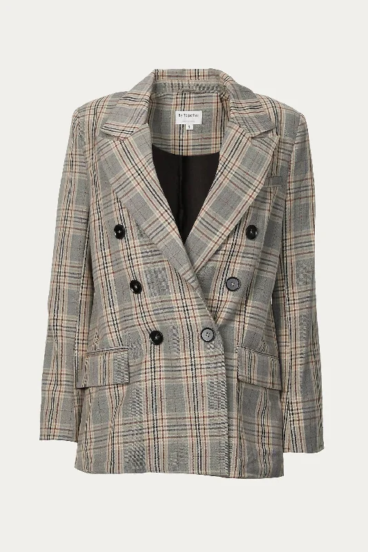 Act Now Checked Double-Breasted Blazer In Brown Plaid