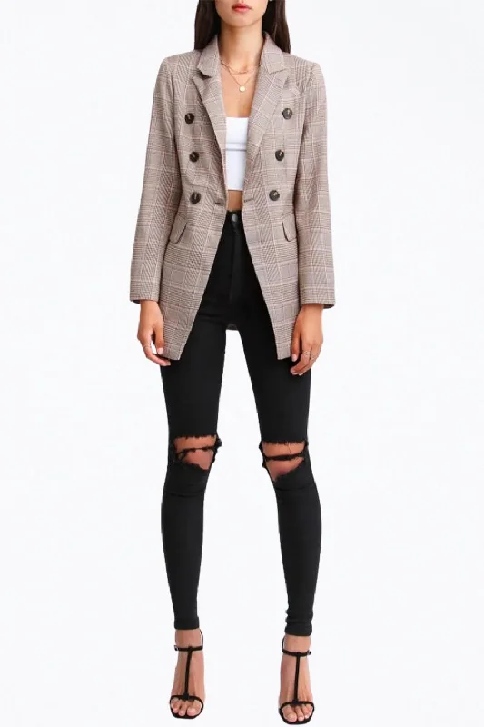 YEAR-End Sale Double-Breasted Prince Of Wales Checked Woven Blazer In Brown/pink