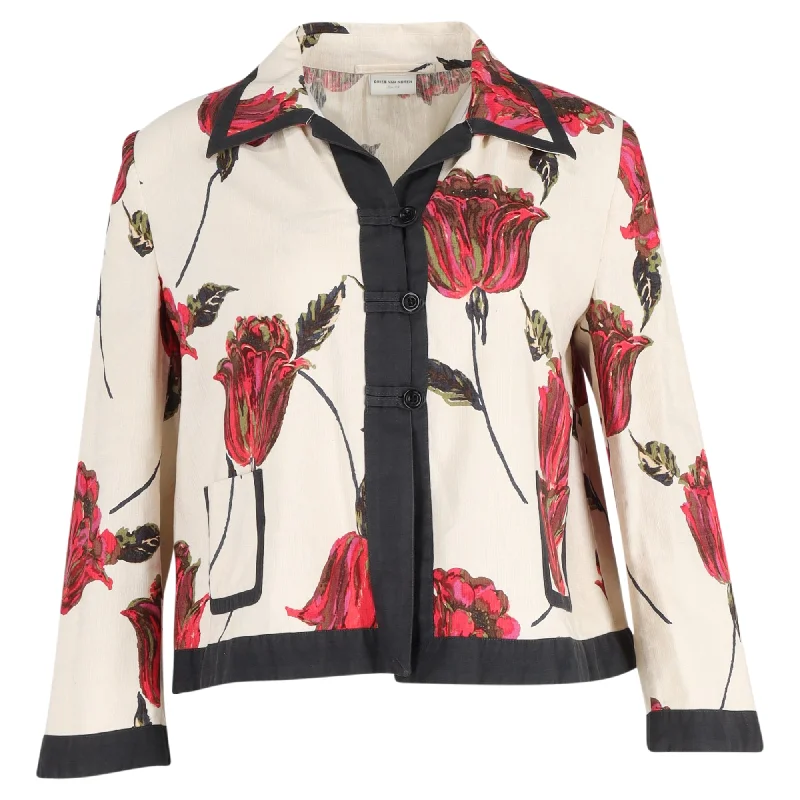 New Markdowns Dries Van Noten Floral Short Jacket in White Linen