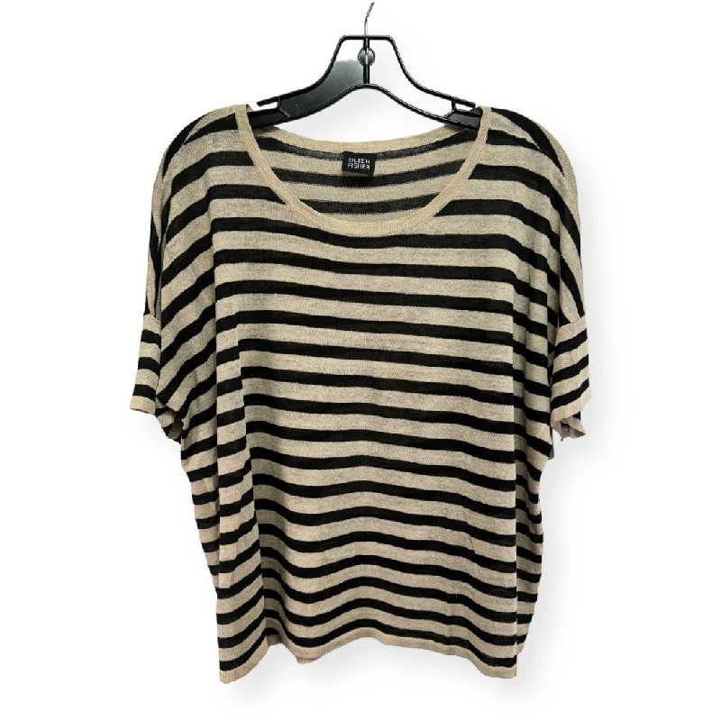 Super Sale Linen Striped Pattern Top Short Sleeve Designer Eileen Fisher, Size M