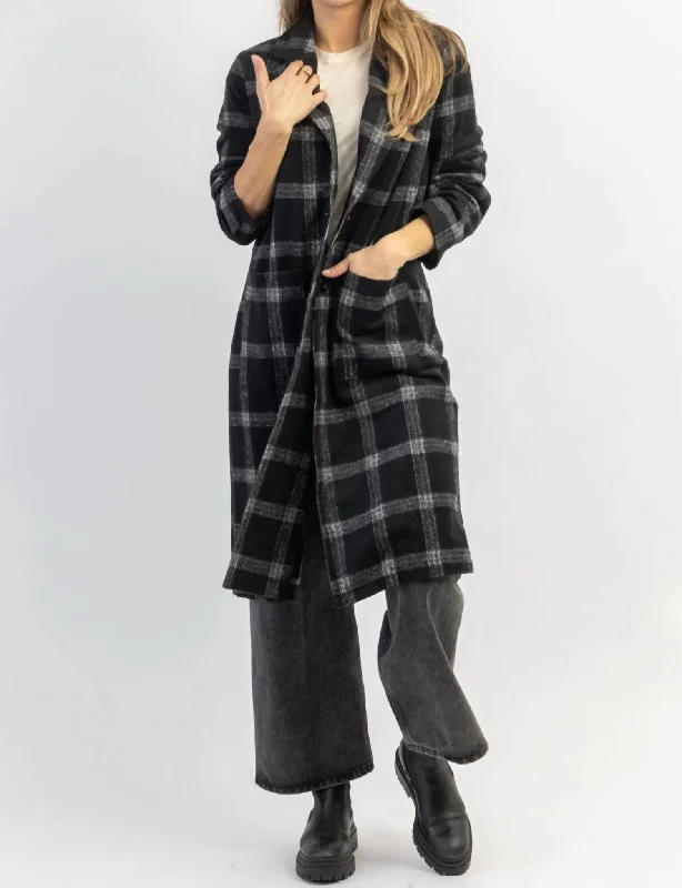 Final Clearance London Calling Plaid Trench Coat In Black + Grey