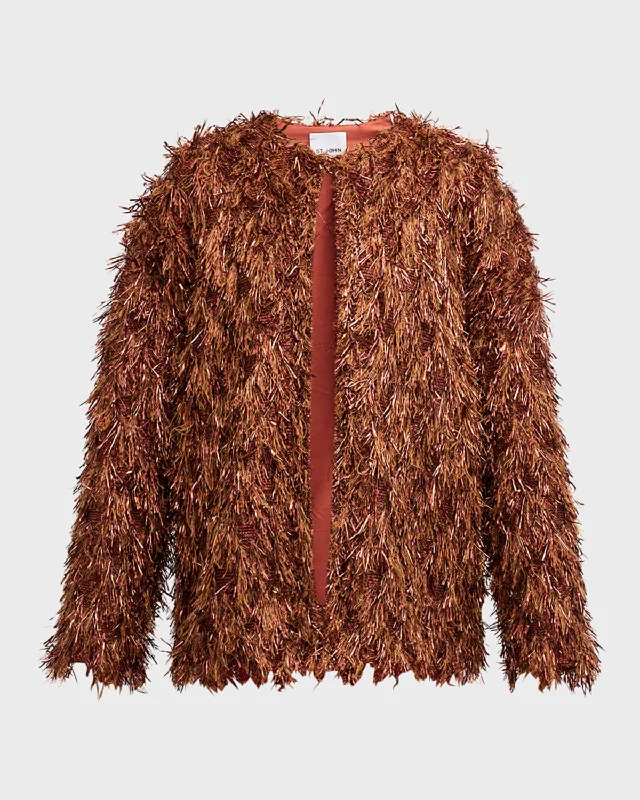 Year-End Clearance Metallic Sequin Faux-Fur Fringe Knit Jacket