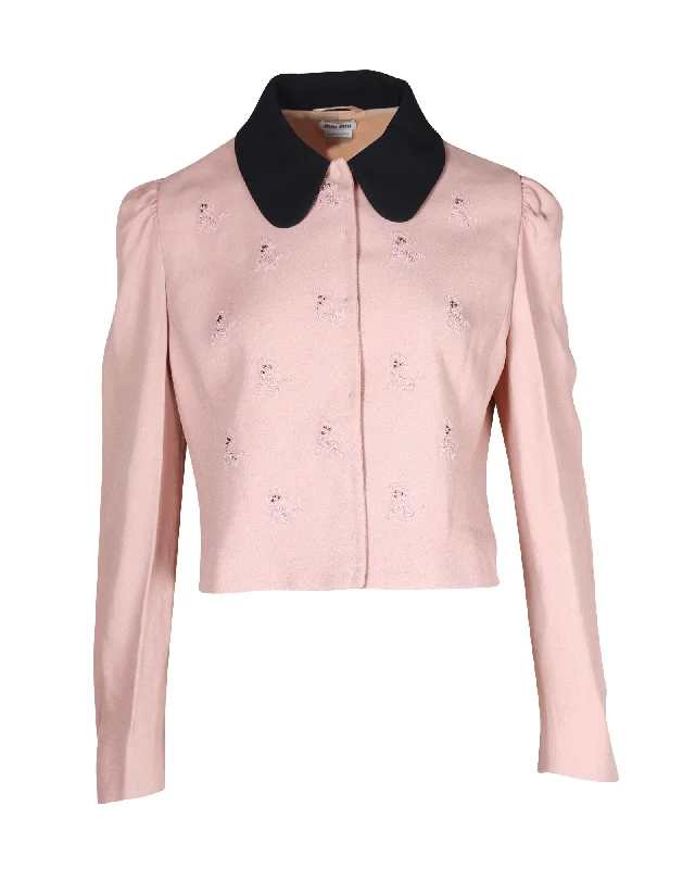 Overstock Sale Miu Miu Dog Motif Embellished Cropped Jacket in Pink Acetate