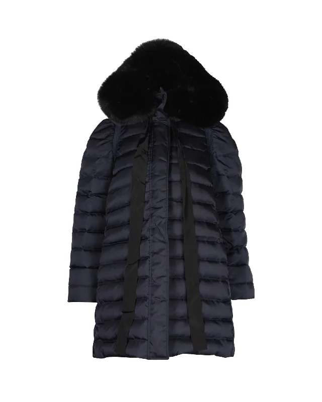 Bargain Blast Miu Miu Long Down Coat with Fur Hood in Navy Blue Nylon