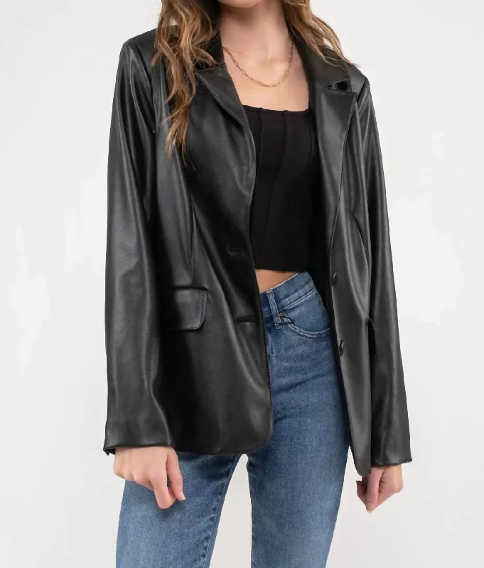 While Supplies Last Notch Collar Faux Leather Blazer In Black