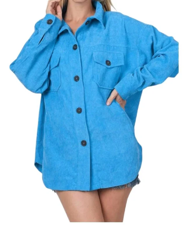 Price Smash Oversized Corduroy Button Jacket In Blue