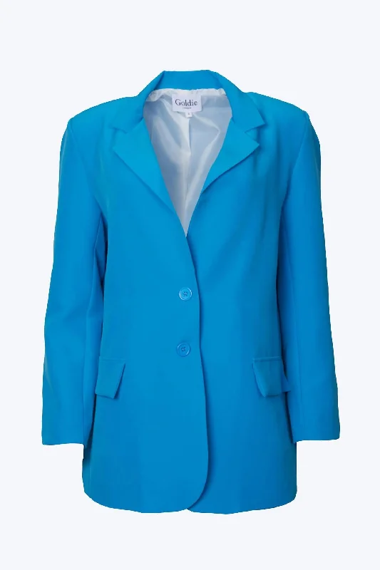 One-DAY Sale Oversized Single-Breasted Twill Crepe Blazer In Sea Blue