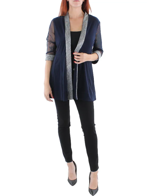 Extra Savings Petites Womens Mesh Inset Contrast Trim Duster Blazer