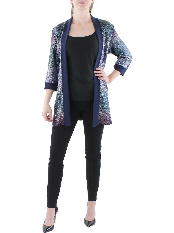 Early Access Petites Womens Metallic 3/4 Sleeves Duster Blazer