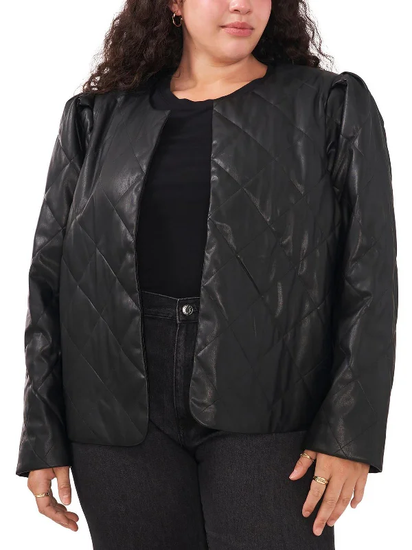 Markdowns Plus Womens Faux Leather Quilted Open Front