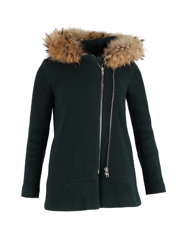 Blowout Sale Sandro Fur-Collar Pea Coat in Dark Green Wool