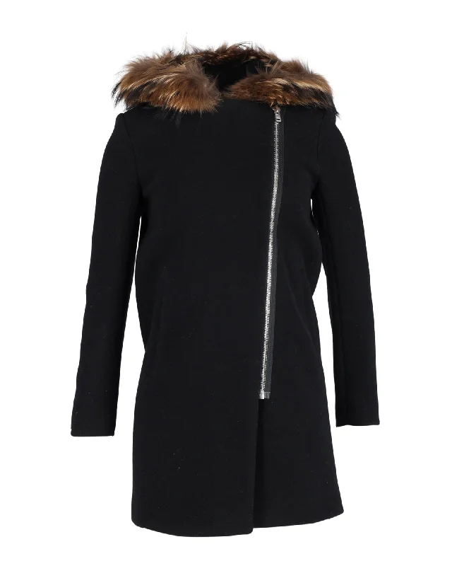 Hot Deal Sandro Henry Fox Fur-Trimmed Coat in Black Wool