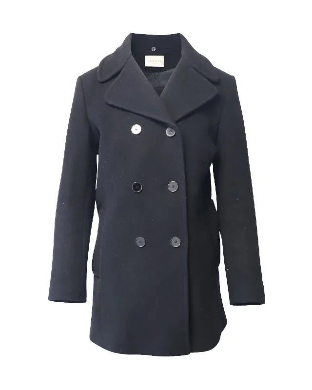 Closeout Sandro Paris Double Breasted Peacoat in Black Wool