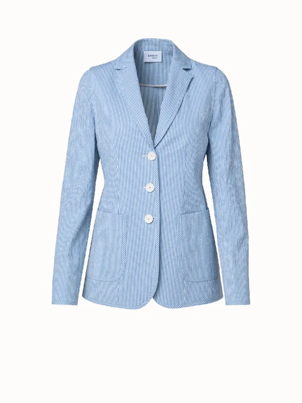 Special Savings Seersucker Patch Pocket 3 Button Blazer In Cream/pale Denim