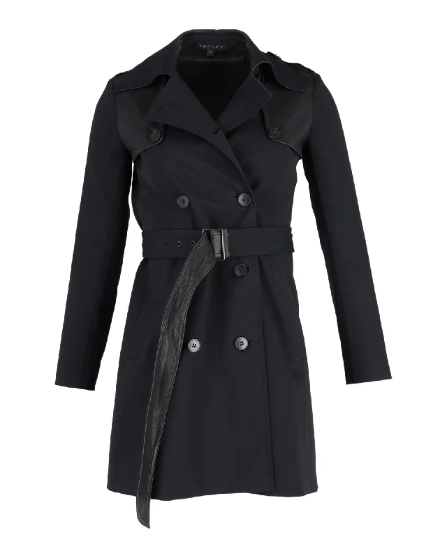 Exclusive Access Theory Double-Breasted Trench Coat with Belt in Black Cotton