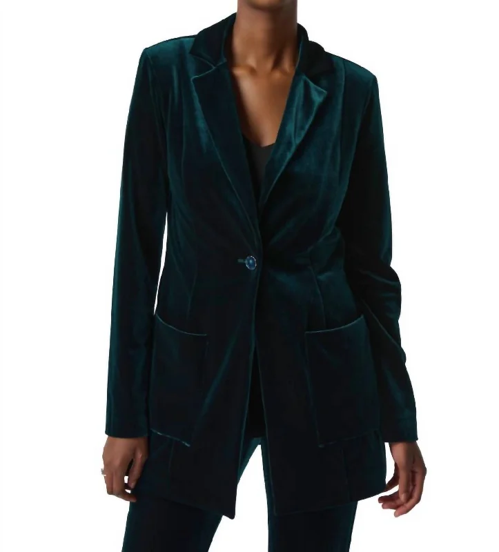 Exclusive Deal Velvet Blazer With Notch Collar And Pockets In Dark Green