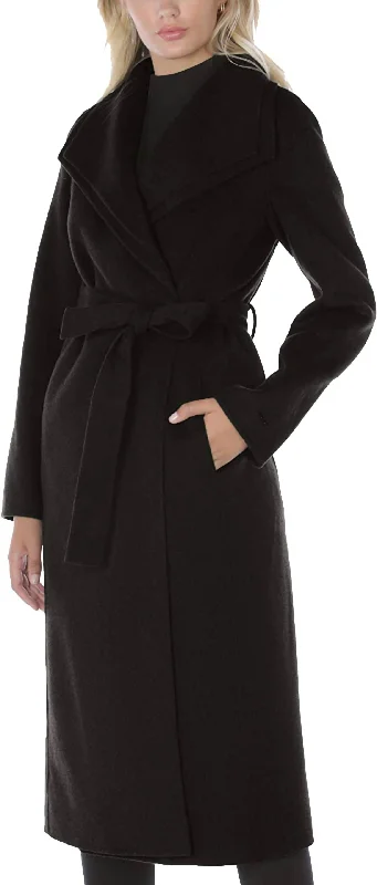 Online Specials Women's Double Layered Collar Belted Wool Long Coat In Black