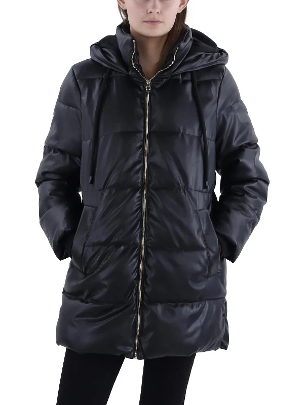 Price Cut Womens Faux Leather Short Puffer Jacket