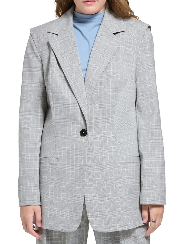 Mega Sale Womens Woven Plaid One-Button Blazer