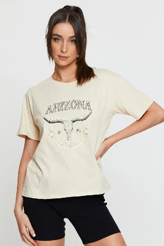 Flash Sale Beige Graphic T Shirt Short Sleeve