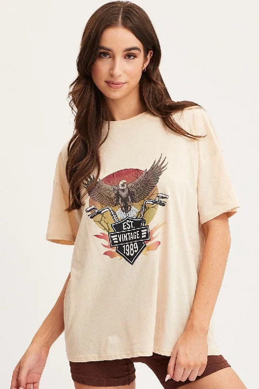 Price Drop Beige Graphic T Shirt Short Sleeve