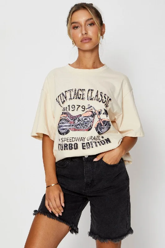 Special Price Beige Graphic T Shirt Short Sleeve Oversized
