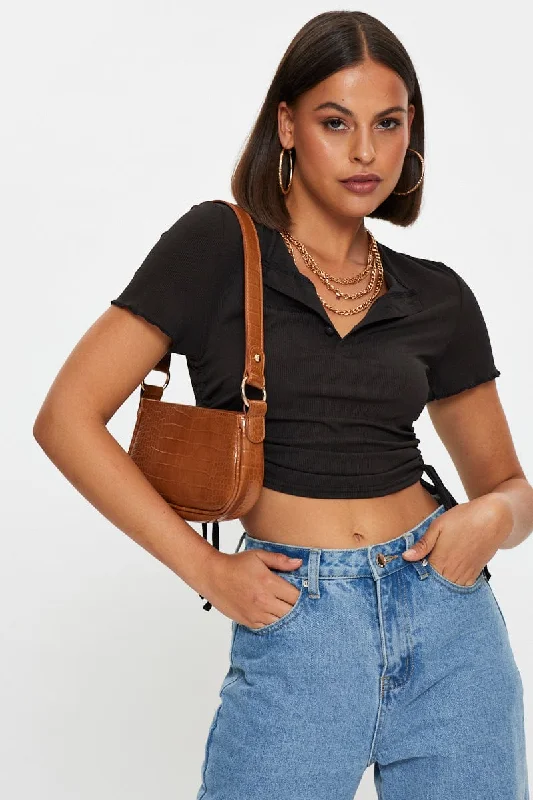 Discount Days Black Button Front Ruched Side Top