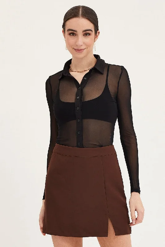 Members Only Black Button Front Top Long Sleeve Mesh